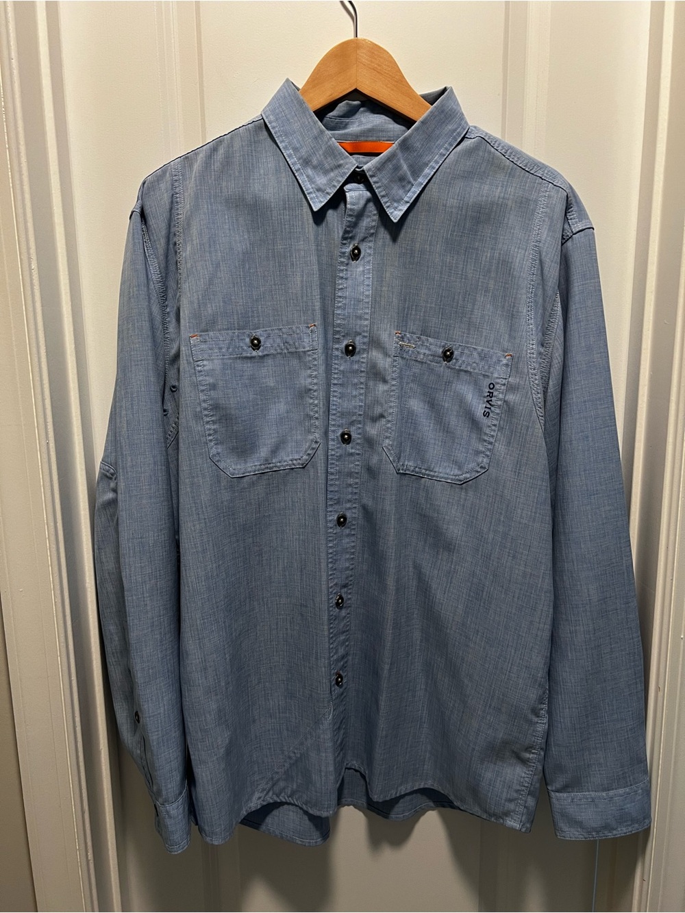Orvis Tech Chambray Work Shirt Mens Large Blue Active Fit Fishing Stretch UPF40